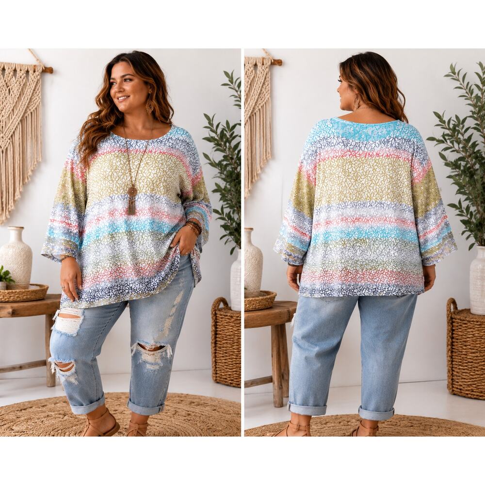 Ali Miles 2X Burnout Mesh Tunic Top Sheer Overlay Artsy Boho Chic Lightweight